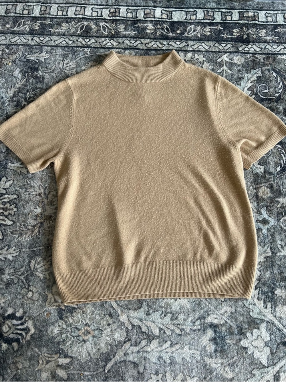 Sag Harbor Short-Sleeve Mock Neck Top in Tan